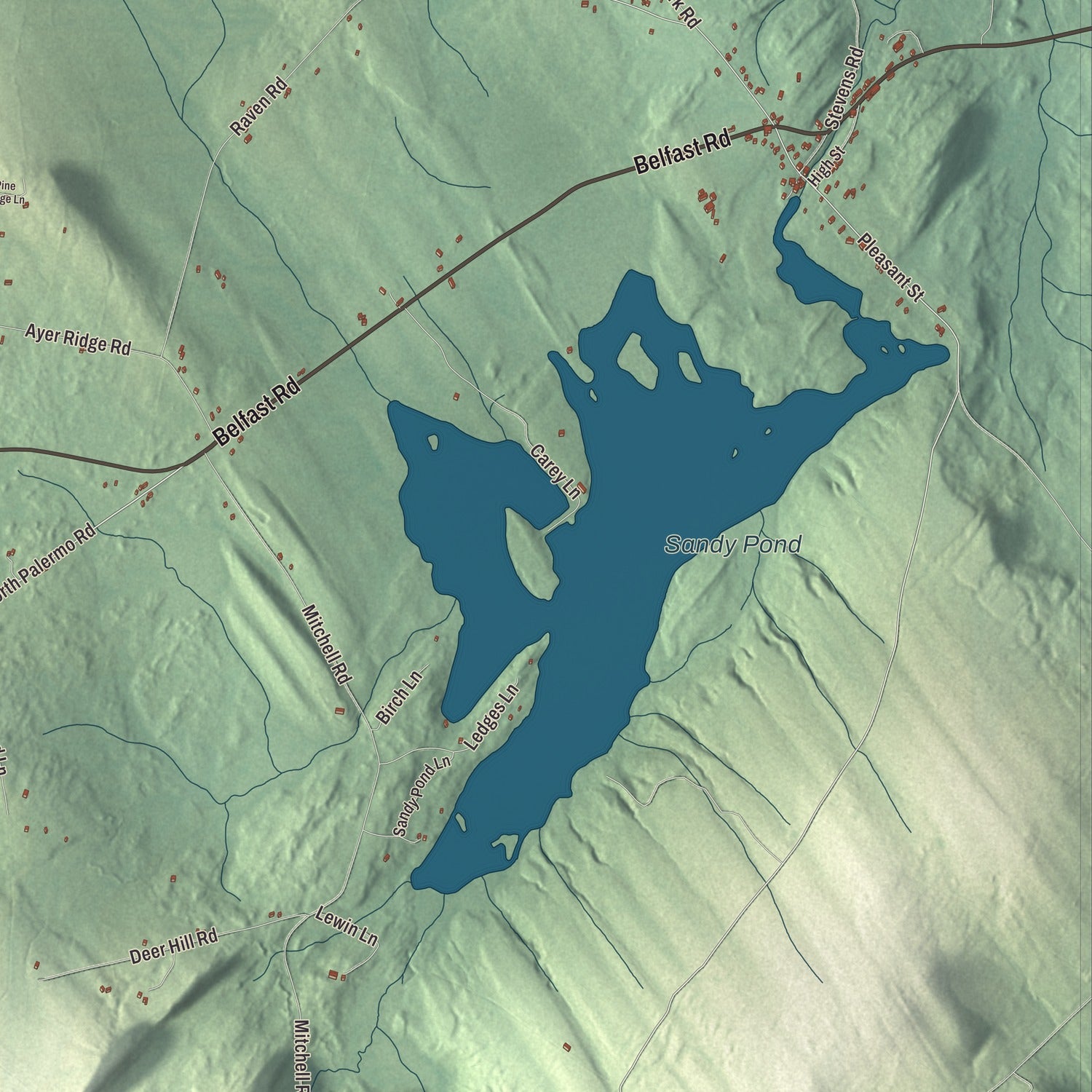 Terrain and local geography detail from the Freedom, Maine map