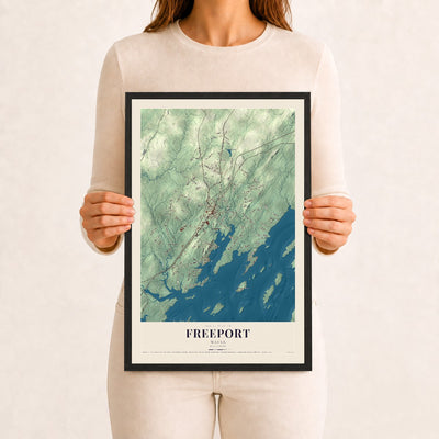 Freeport, Maine map print - 12 x 18 black Ayous wood frame