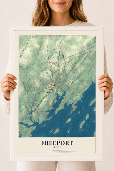 Freeport, Maine map print - 18 x 24 white Ayous wood frame