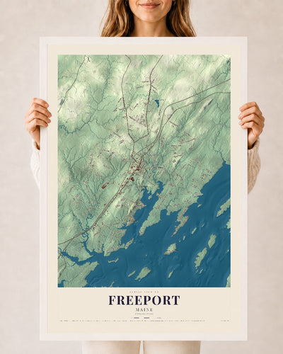 Freeport, Maine map print - 24 x 36 white Ayous wood frame