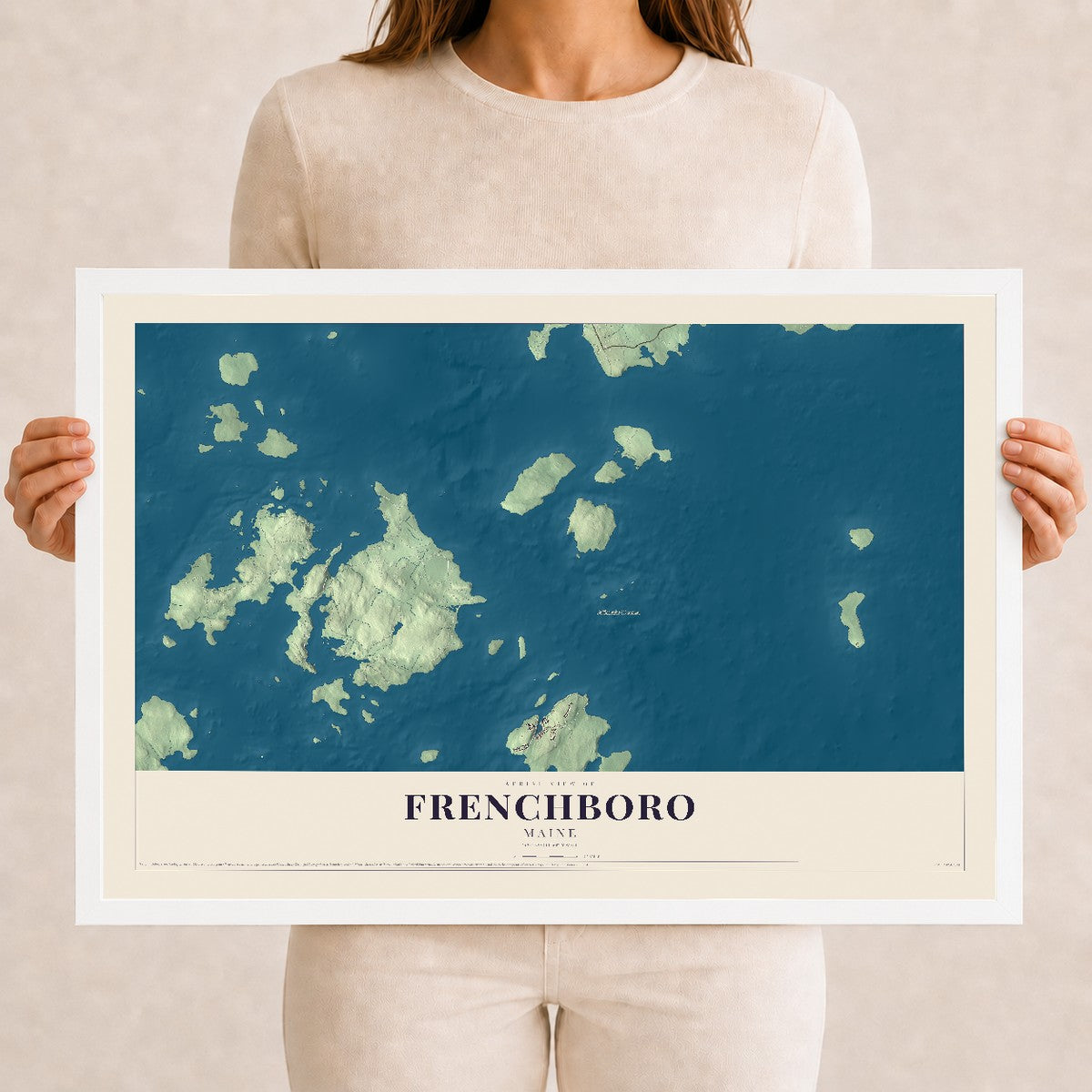 Frenchboro, Maine map print - 12 x 18 white Ayous wood frame