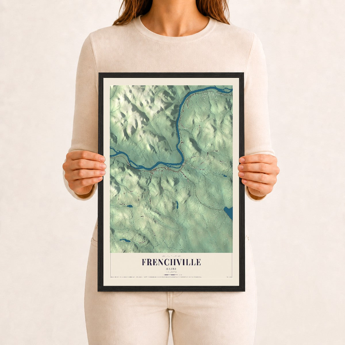 Frenchville, Maine map print - 12 x 18 black Ayous wood frame