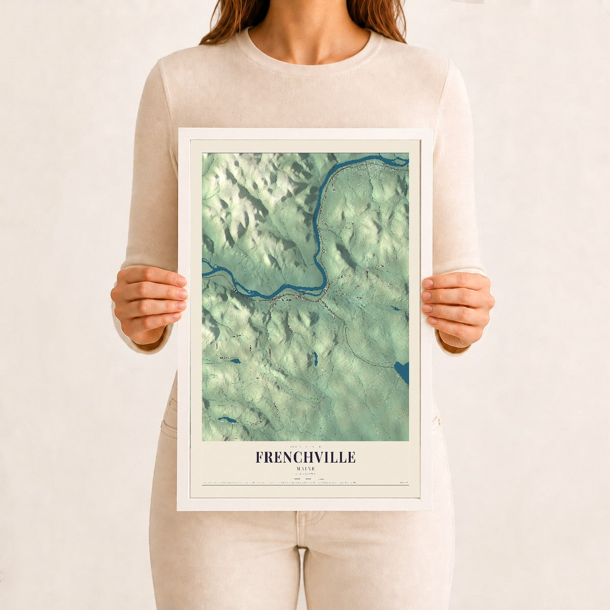 Frenchville, Maine map print - 12 x 18 white Ayous wood frame