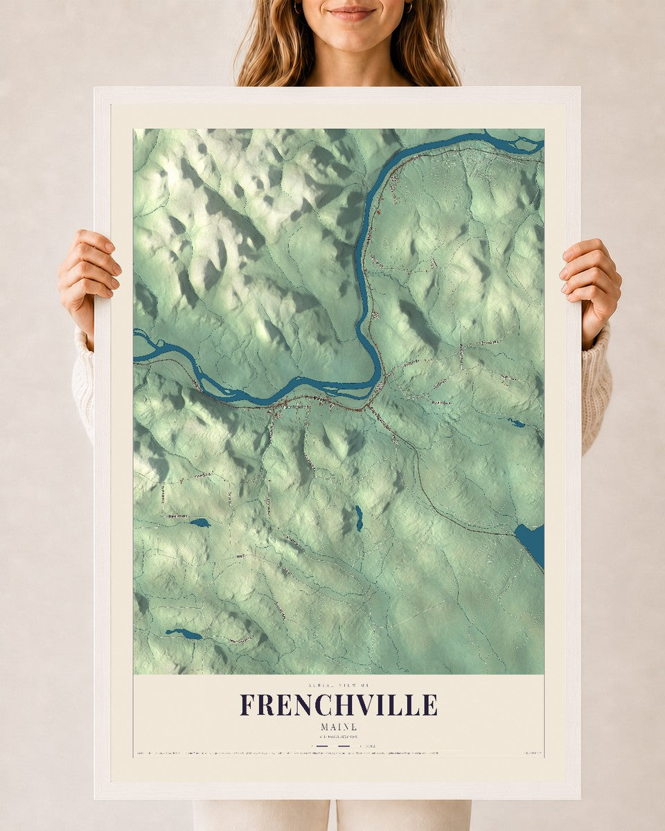 Frenchville, Maine map print - 24 x 36 white Ayous wood frame