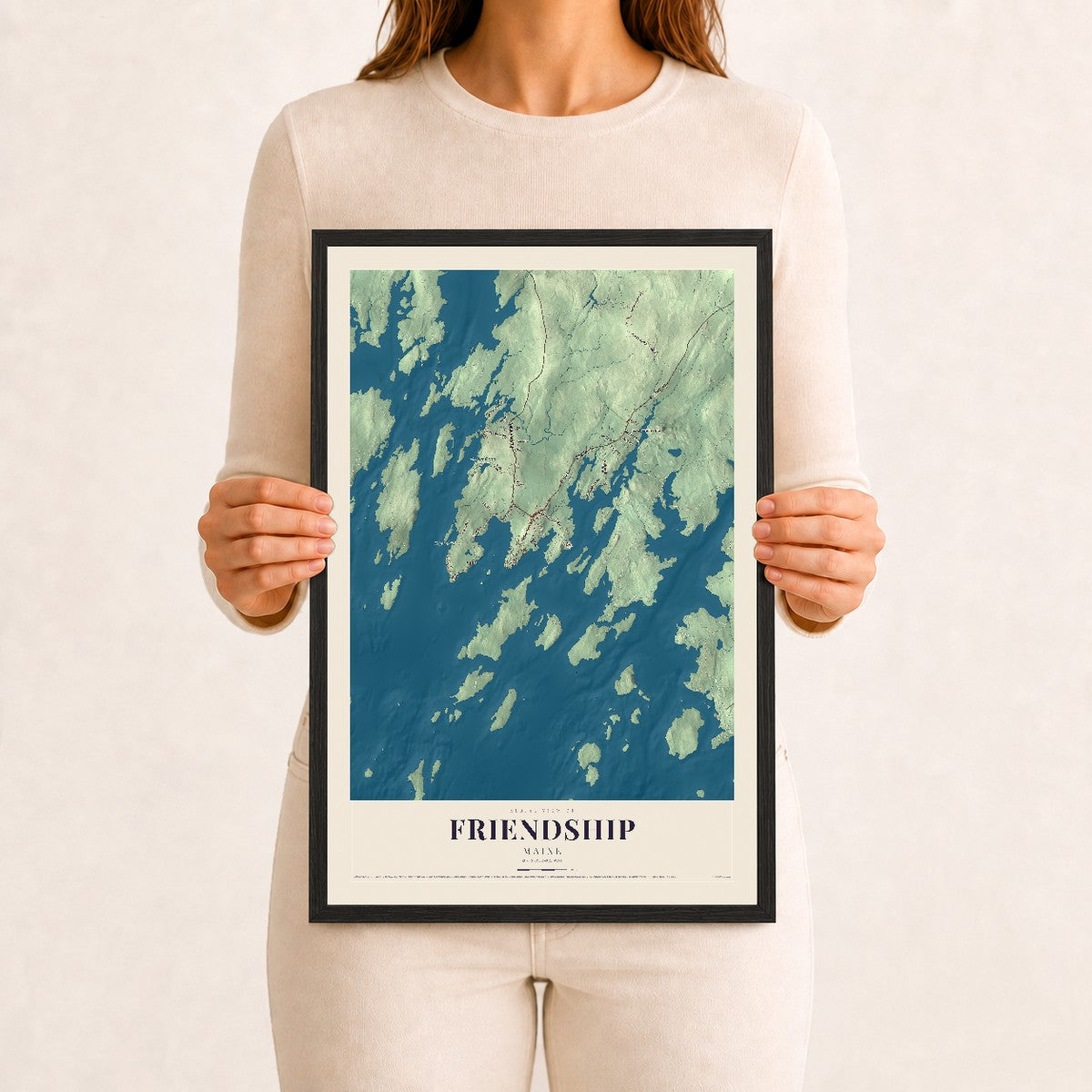 Friendship, Maine map print - 12 x 18 black Ayous wood frame