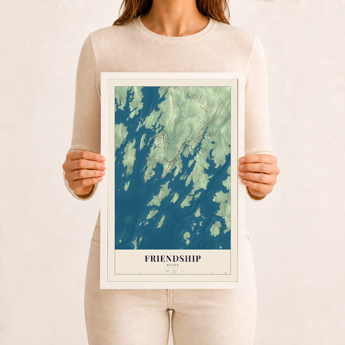 Friendship, Maine map print - 12 x 18 white Ayous wood frame