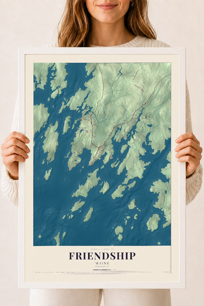 Friendship, Maine map print - 18 x 24 white Ayous wood frame