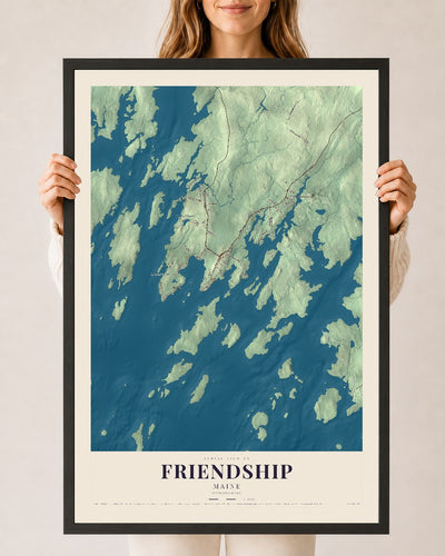 Friendship, Maine map print - 24 x 36 black Ayous wood frame