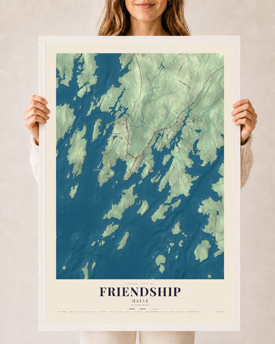 Friendship, Maine map print - 24 x 36 white Ayous wood frame