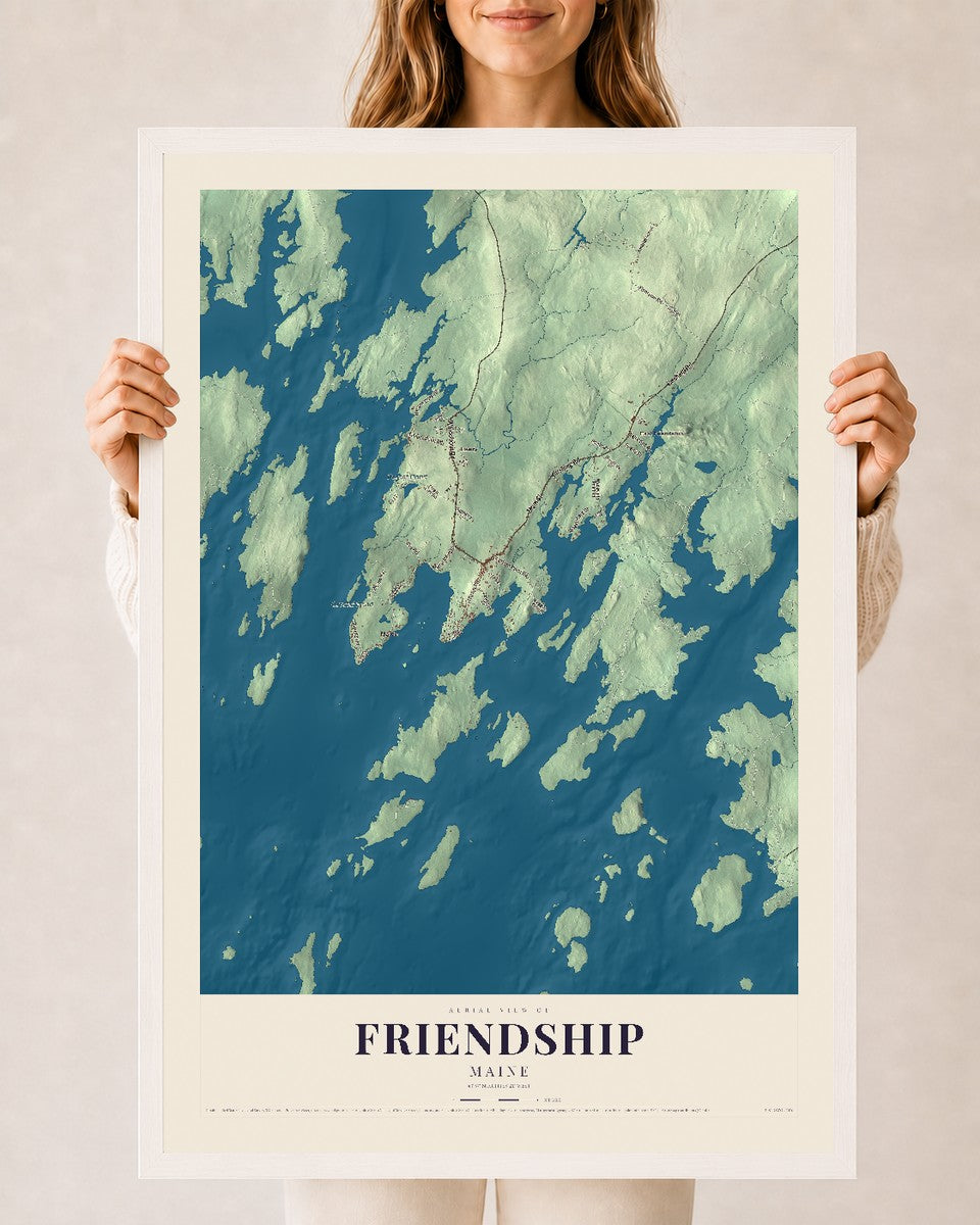 Friendship, Maine map print - 24 x 36 white Ayous wood frame
