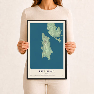Frye Island, Maine map print - 12 x 18 black Ayous wood frame