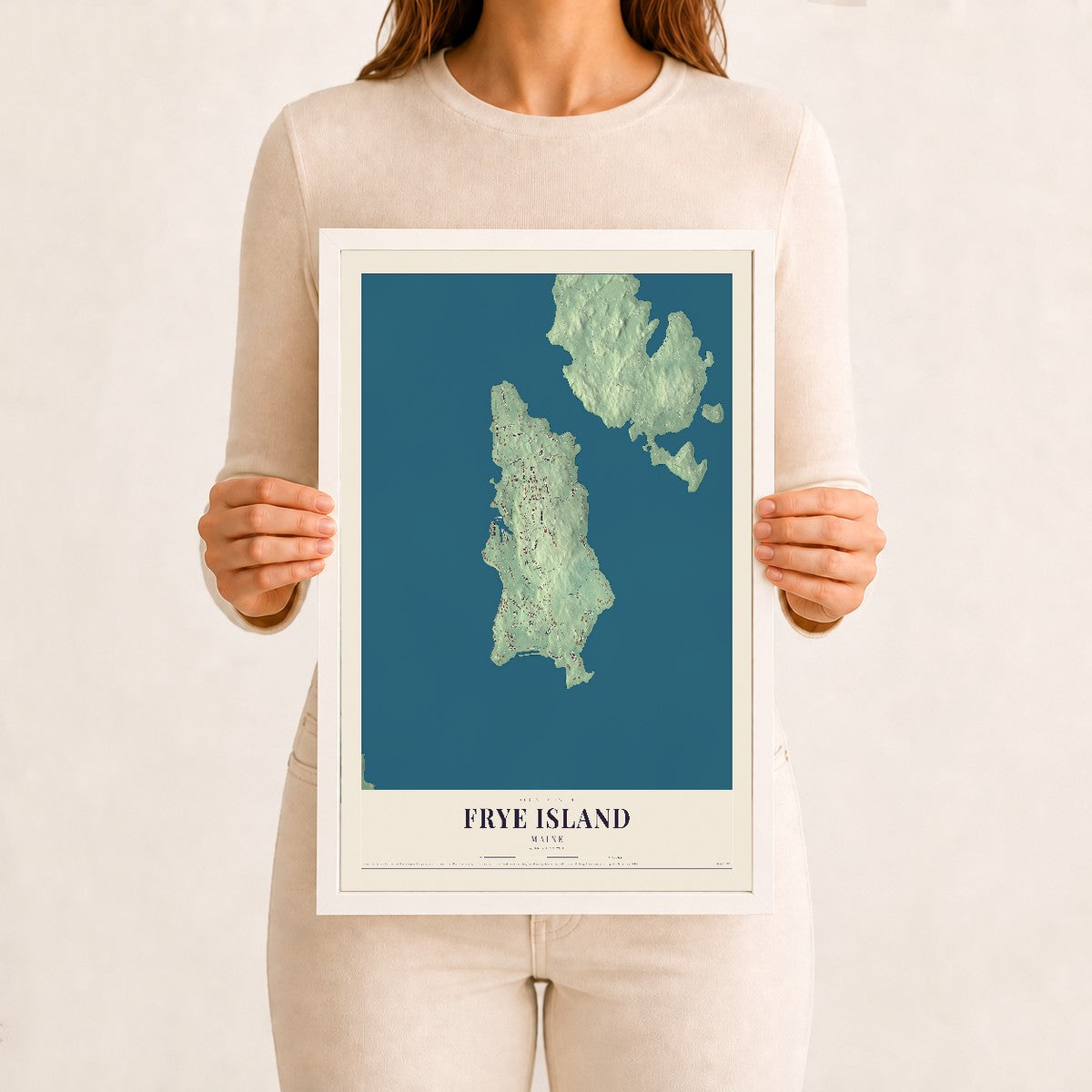 Frye Island, Maine map print - 12 x 18 white Ayous wood frame