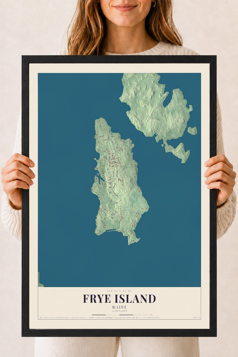 Frye Island, Maine map print - 18 x 24 black Ayous wood frame