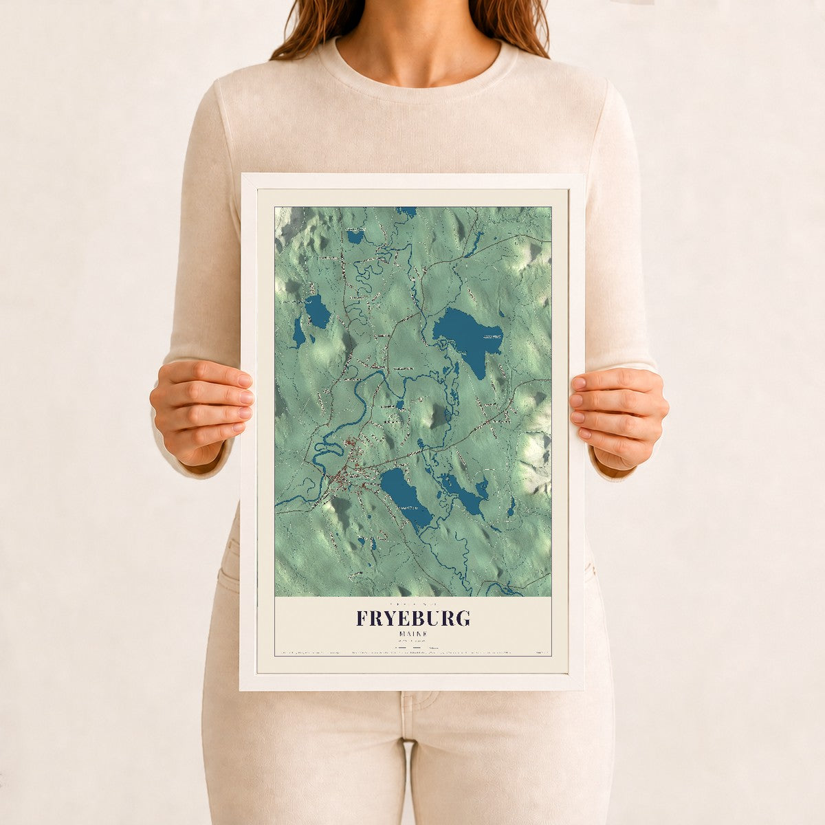 Fryeburg, Maine map print - 12 x 18 white Ayous wood frame