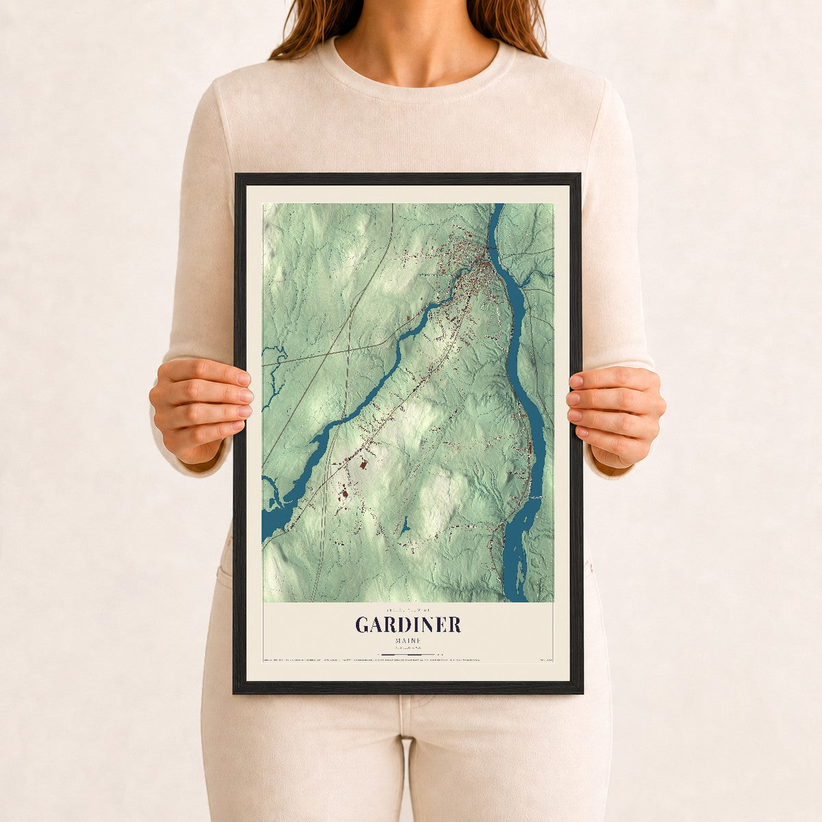 Gardiner, Maine map print - 12 x 18 black Ayous wood frame