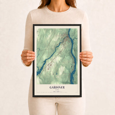 Gardiner, Maine map print - 12 x 18 black Ayous wood frame