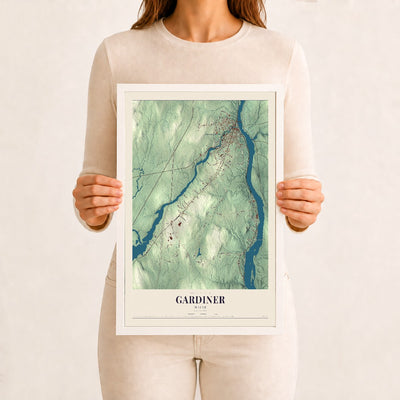 Gardiner, Maine map print - 12 x 18 white Ayous wood frame