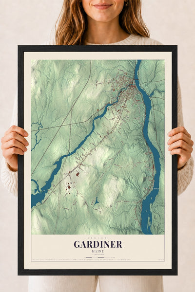 Gardiner, Maine map print - 18 x 24 black Ayous wood frame