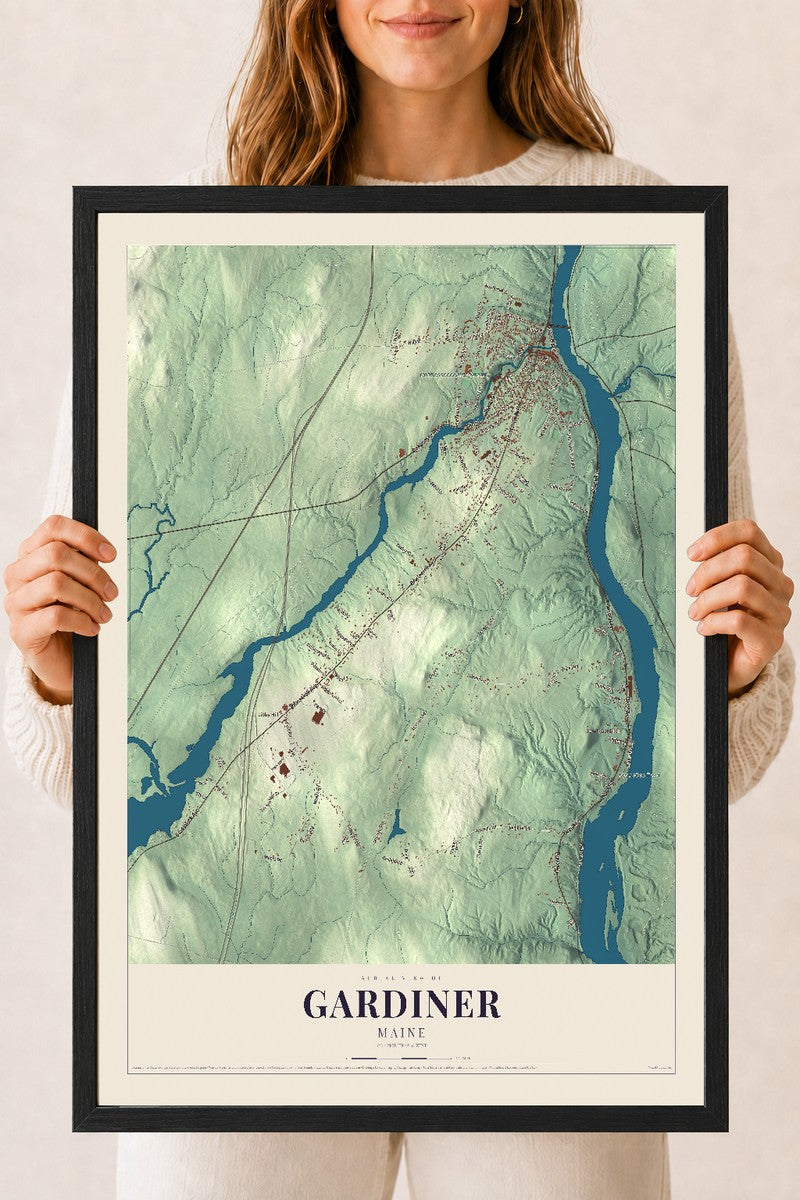 Gardiner, Maine map print - 18 x 24 black Ayous wood frame