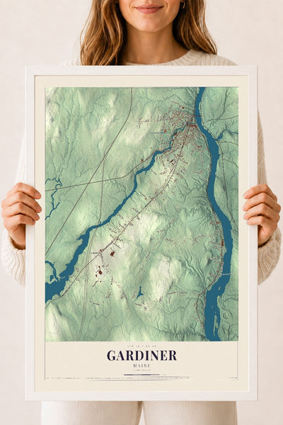 Gardiner, Maine map print - 18 x 24 white Ayous wood frame