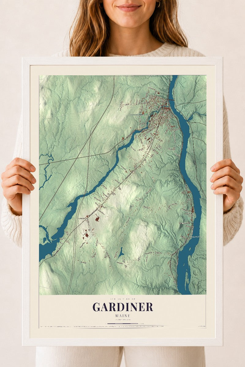 Gardiner, Maine map print - 18 x 24 white Ayous wood frame