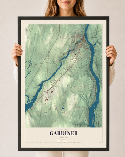 Gardiner, Maine map print - 24 x 36 black Ayous wood frame
