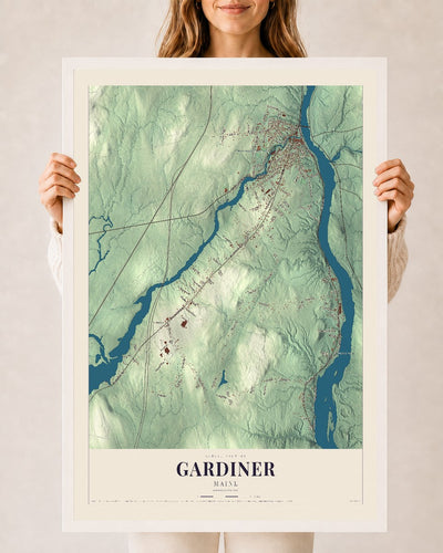Gardiner, Maine map print - 24 x 36 white Ayous wood frame