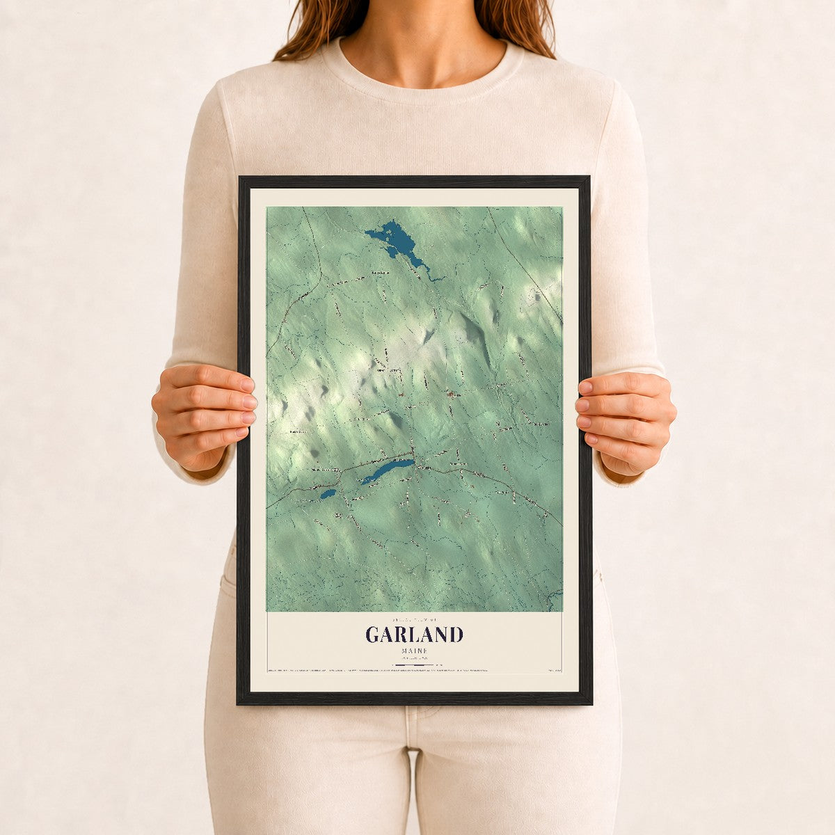 Garland, Maine map print - 12 x 18 black Ayous wood frame