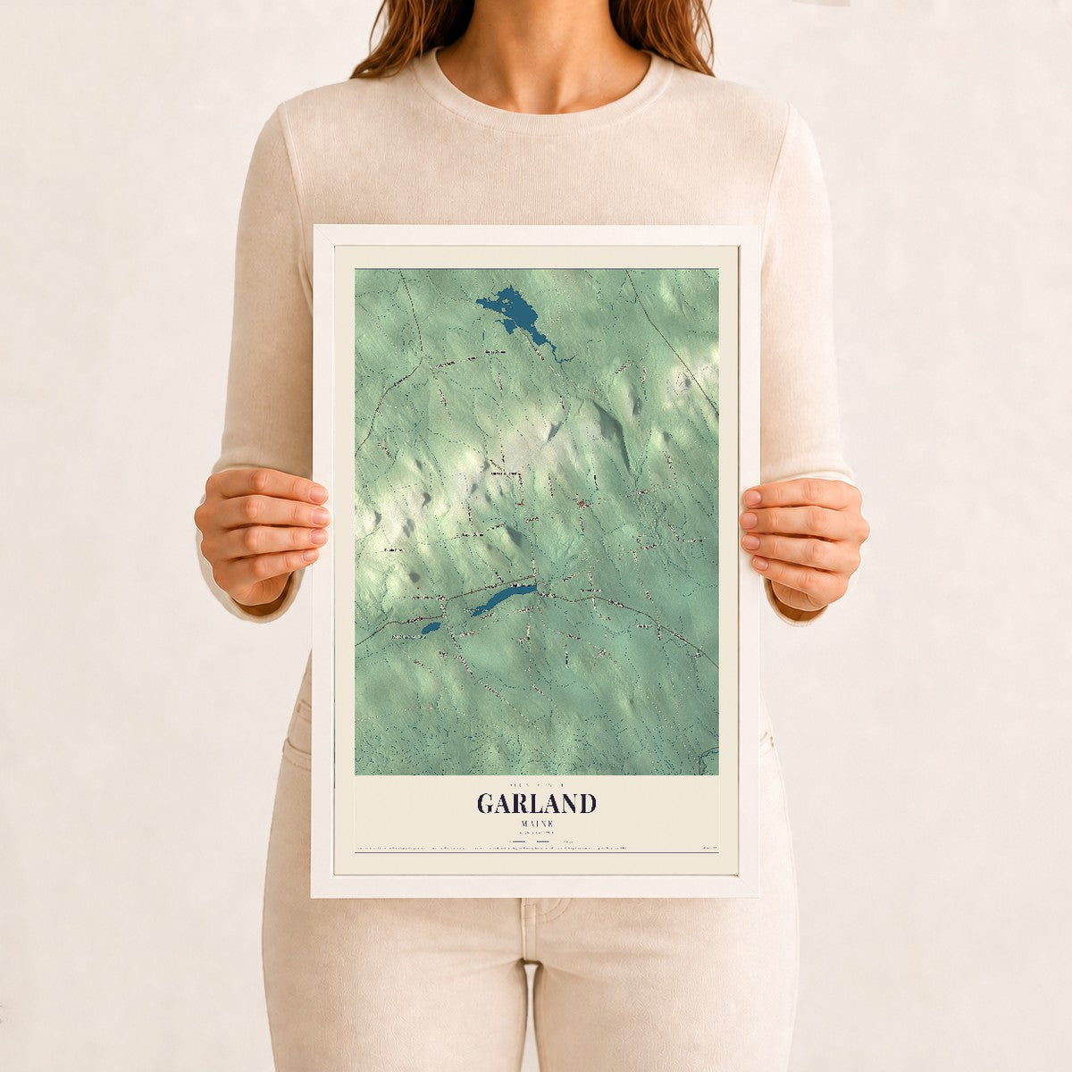 Garland, Maine map print - 12 x 18 white Ayous wood frame