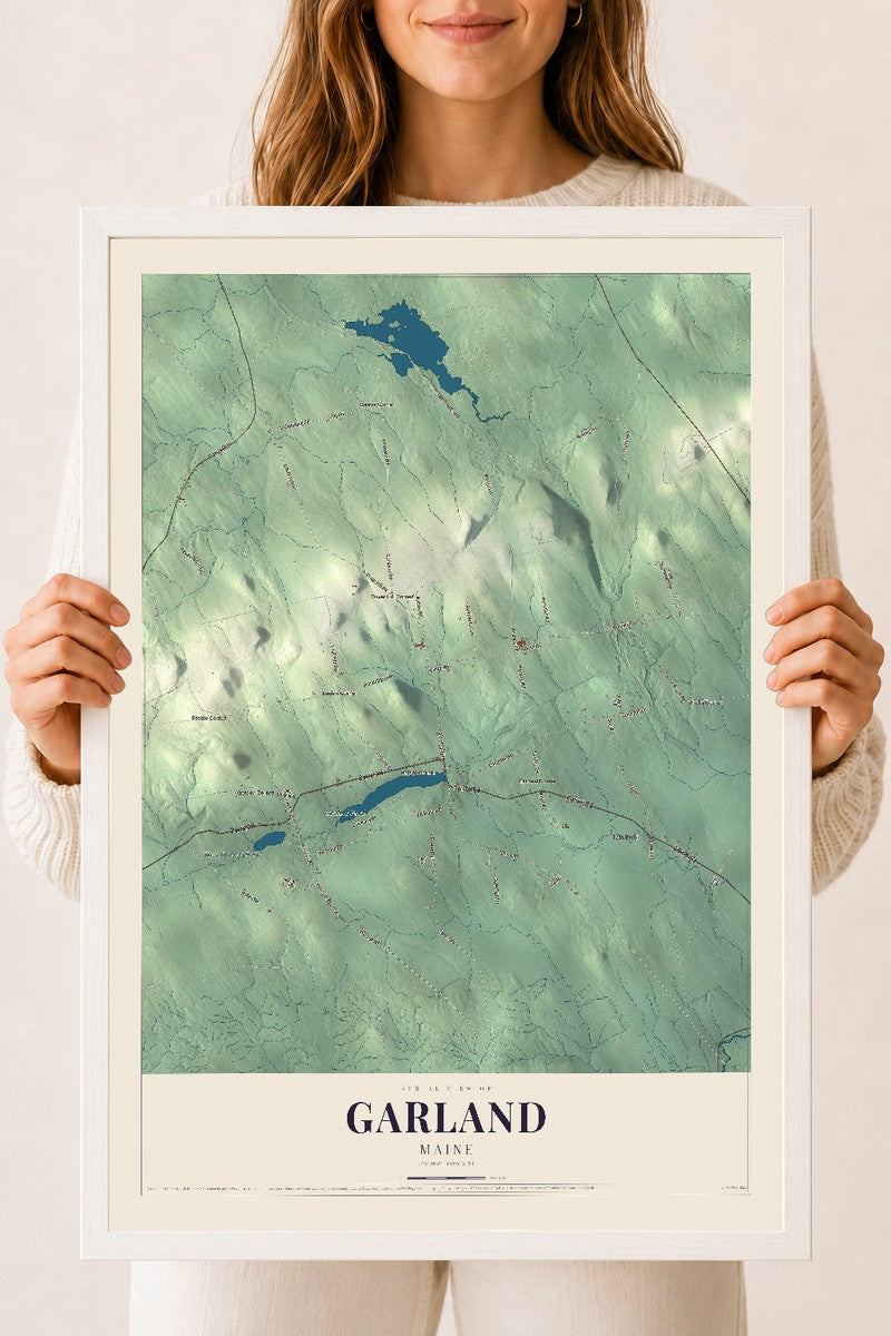 Garland, Maine map print - 18 x 24 white Ayous wood frame