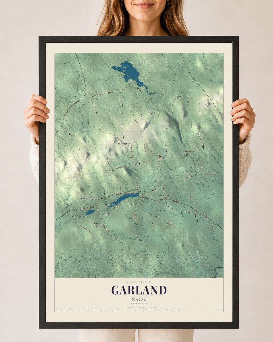 Garland, Maine map print - 24 x 36 black Ayous wood frame