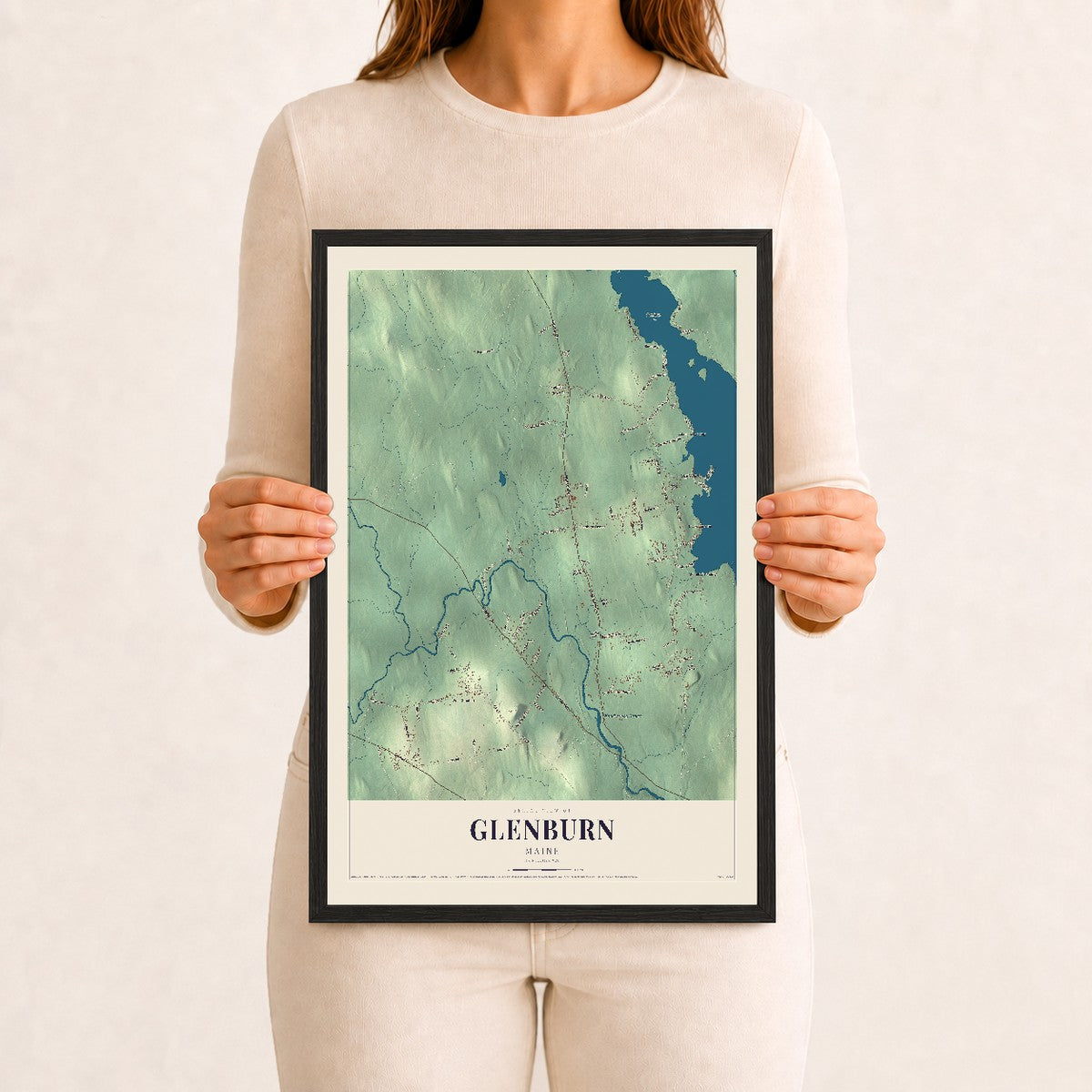Glenburn, Maine map print - 12 x 18 black Ayous wood frame