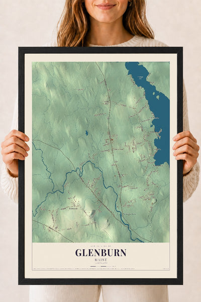 Glenburn, Maine map print - 18 x 24 black Ayous wood frame