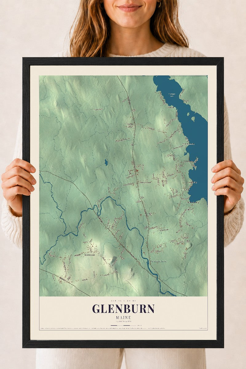 Glenburn, Maine map print - 18 x 24 black Ayous wood frame