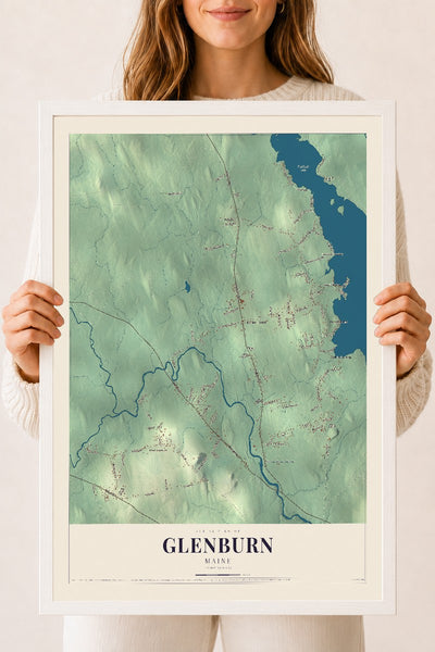 Glenburn, Maine map print - 18 x 24 white Ayous wood frame