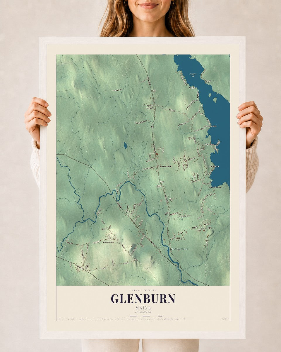 Glenburn, Maine map print - 24 x 36 white Ayous wood frame