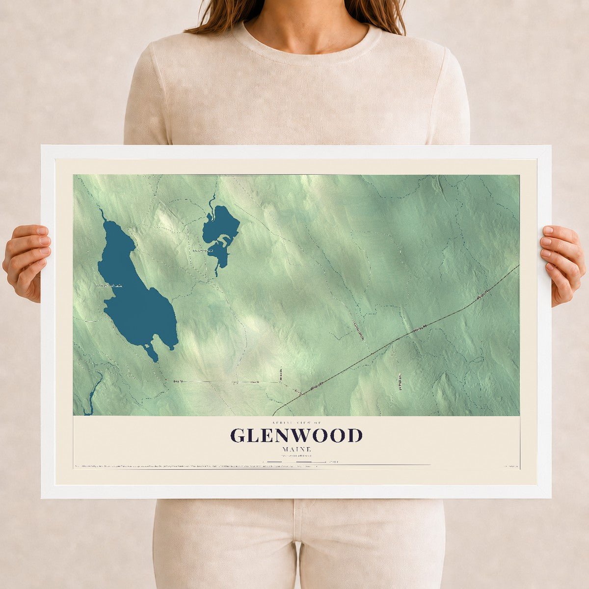 Glenwood, Maine map print - 12 x 18 white Ayous wood frame