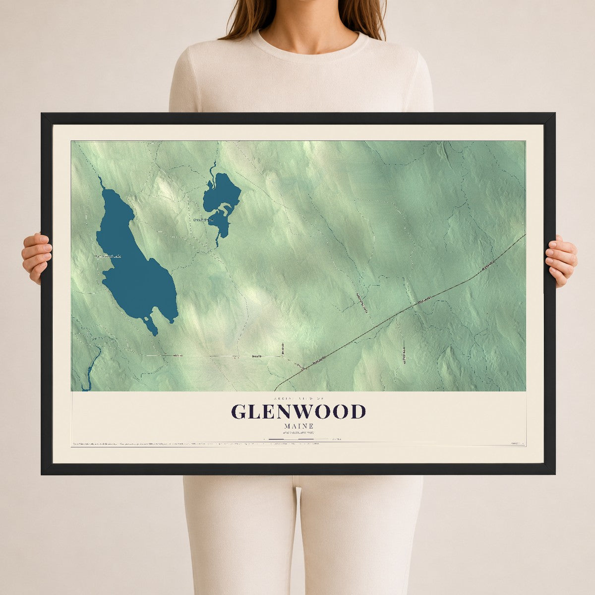 Glenwood, Maine map print - 24 x 36 black Ayous wood frame