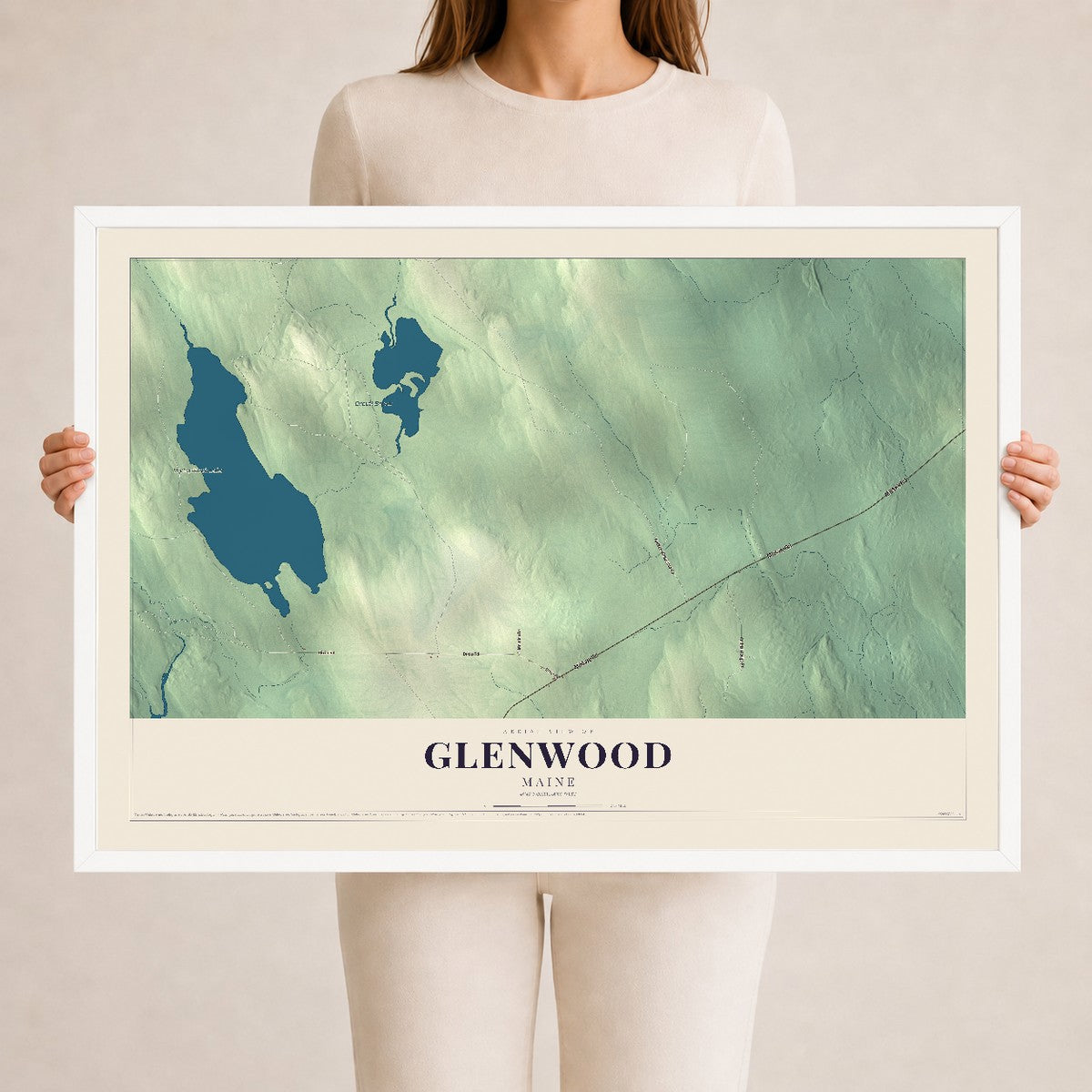 Glenwood, Maine map print - 24 x 36 white Ayous wood frame