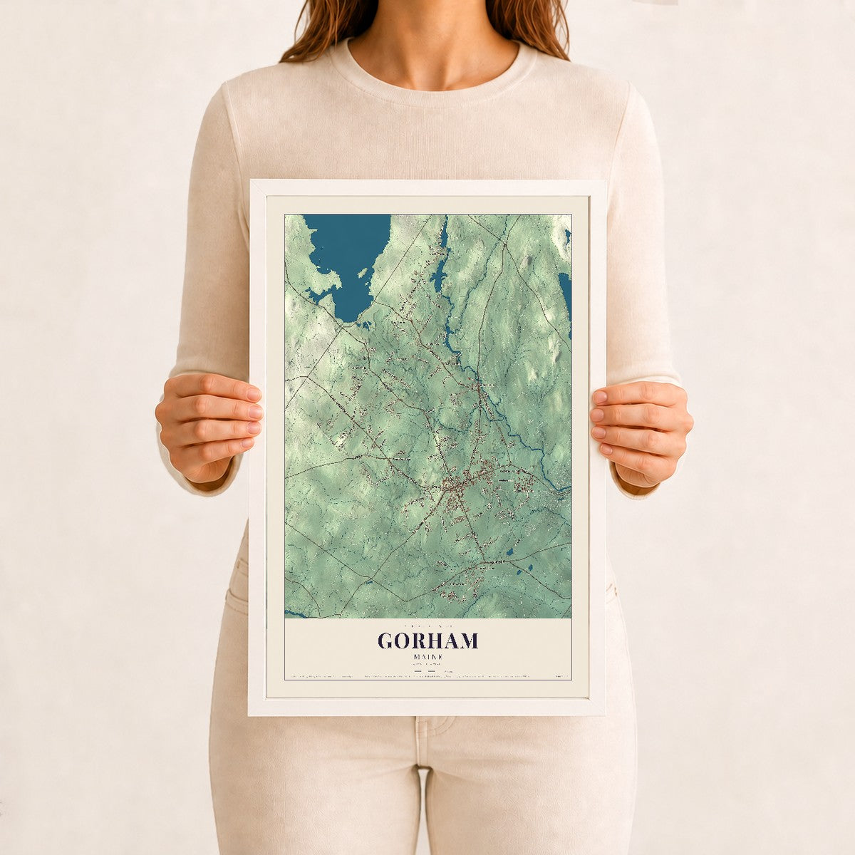 Gorham, Maine map print - 12 x 18 white Ayous wood frame