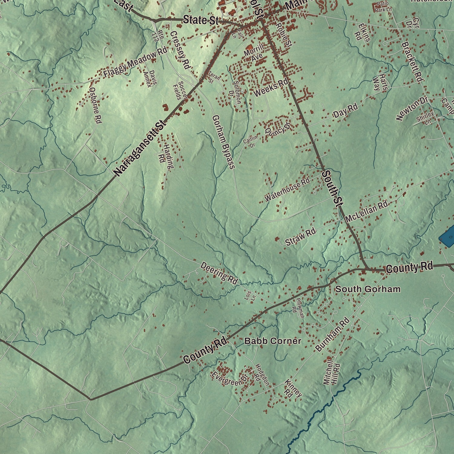 Terrain and local geography detail from the Gorham, Maine map
