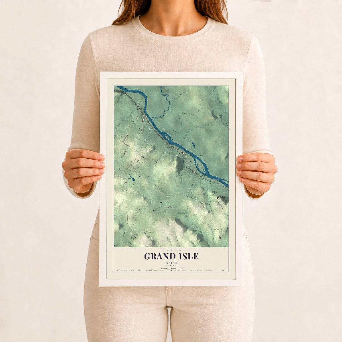 Grand Isle, Maine map print - 12 x 18 white Ayous wood frame