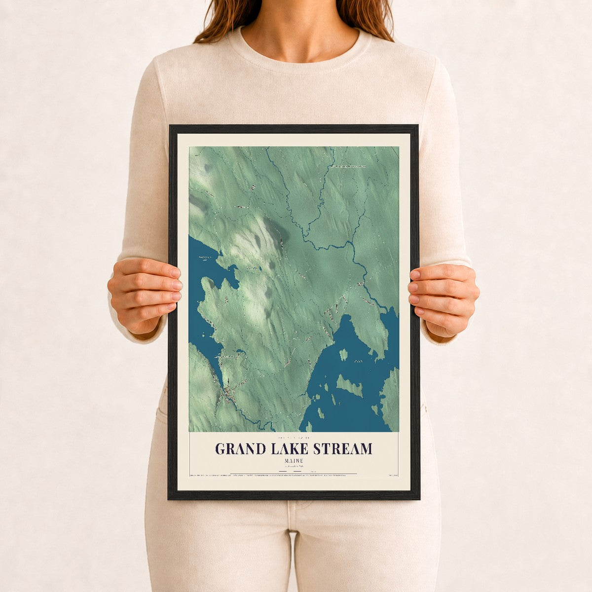 Grand Lake Stream, Maine map print - 12 x 18 black Ayous wood frame