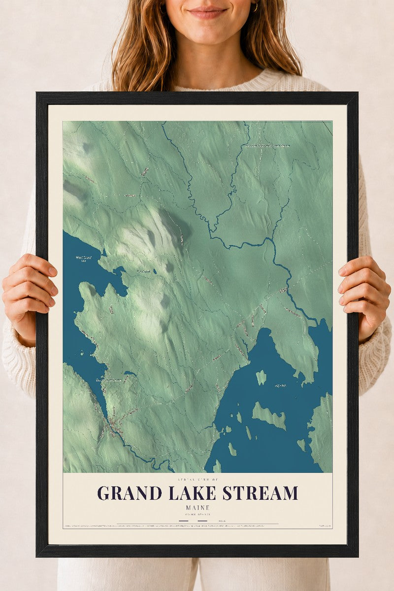 Grand Lake Stream, Maine map print - 18 x 24 black Ayous wood frame