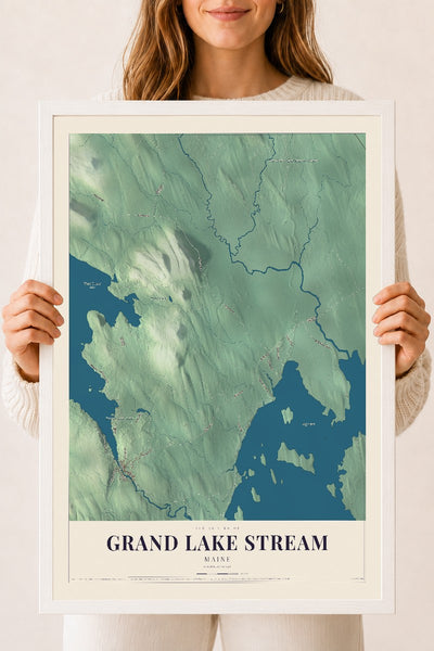 Grand Lake Stream, Maine map print - 18 x 24 white Ayous wood frame