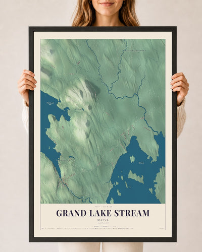 Grand Lake Stream, Maine map print - 24 x 36 black Ayous wood frame