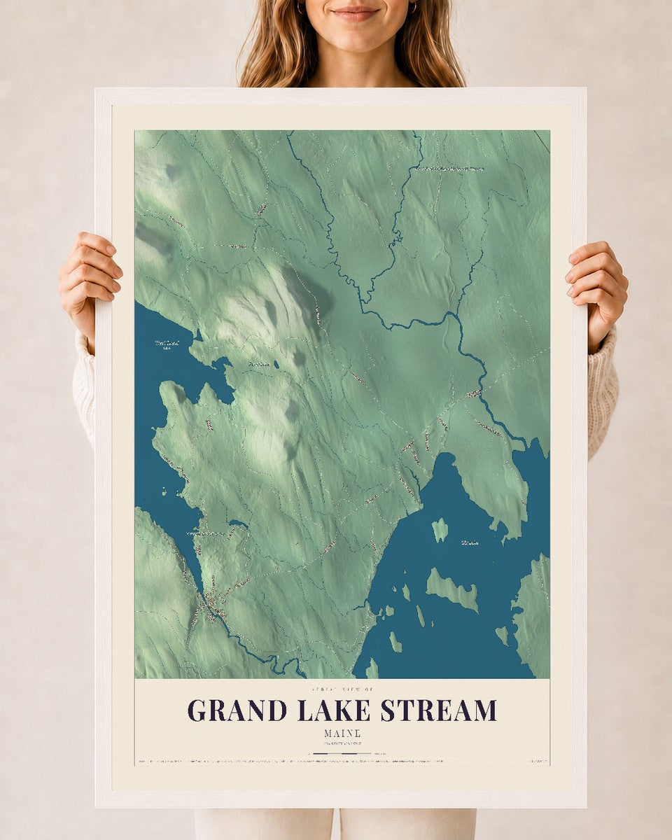 Grand Lake Stream, Maine map print - 24 x 36 white Ayous wood frame