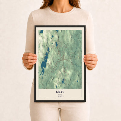 Gray, Maine map print - 12 x 18 black Ayous wood frame