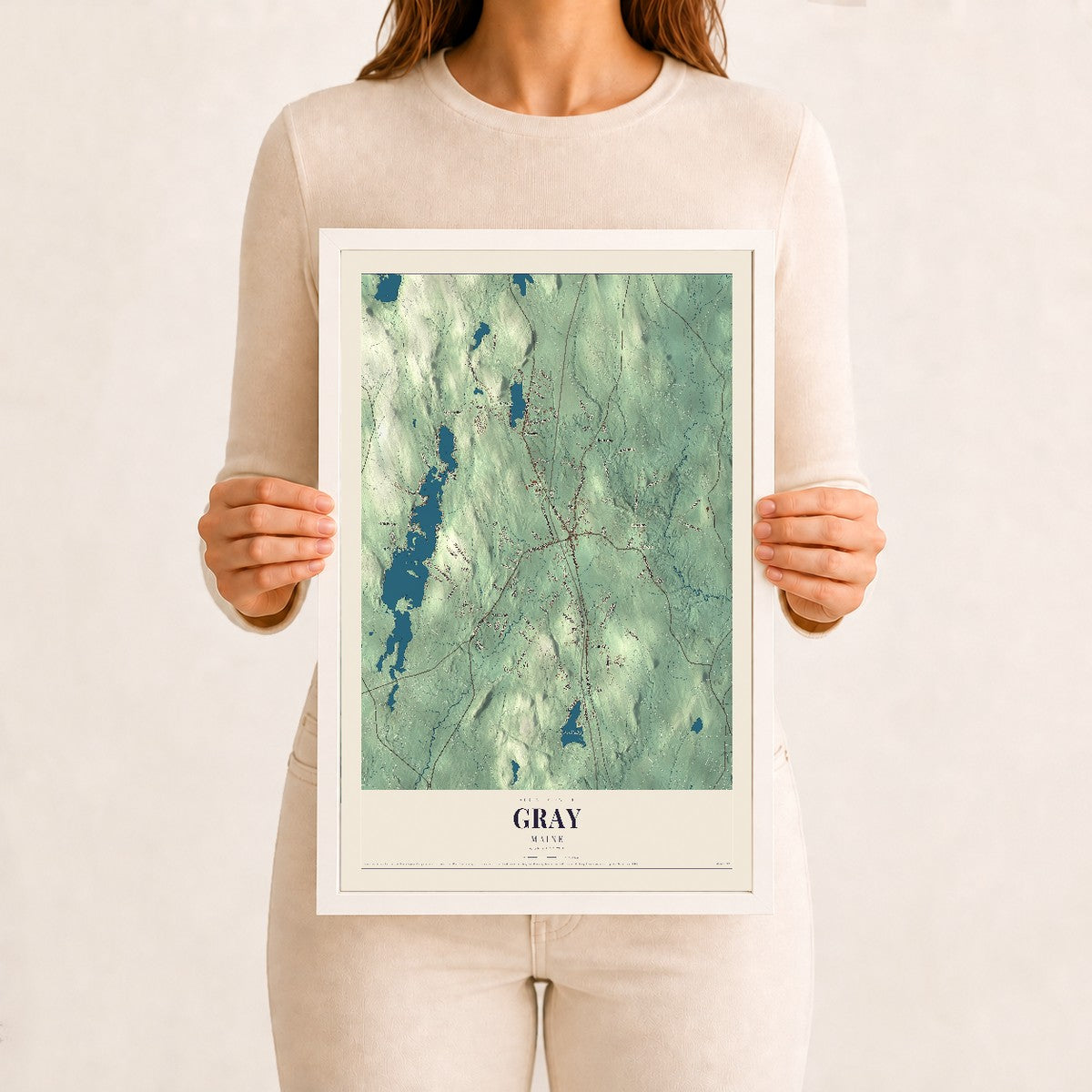Gray, Maine map print - 12 x 18 white Ayous wood frame