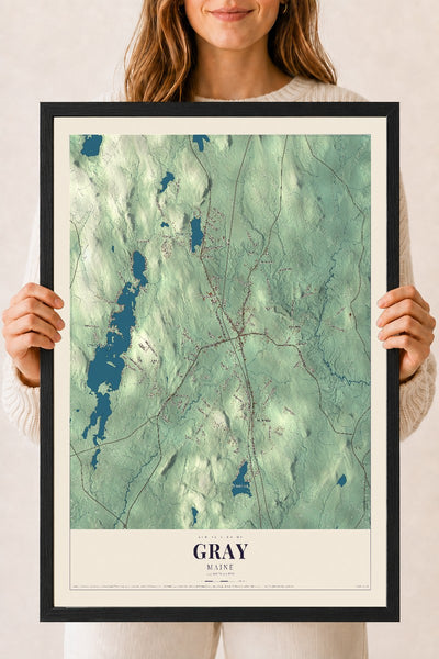 Gray, Maine map print - 18 x 24 black Ayous wood frame